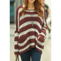 Scoop Neck Striped Long Sleeves Stylish Sweater For Women khaki