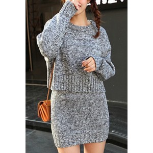 Stylish Suits Jewel Neck Long Sleeves Cable-knit Sweater and Skirt For Women gray