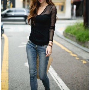 Voile Splicing V-Neck Long Sleeve Casual T-Shirt For Women black