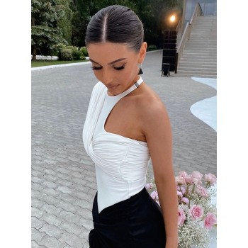 One Shoulder Sexy Backless Twist Bodysuits for Women White Black
