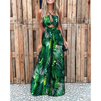 Summer Holiday Wear Clothes Women's Sexy Palm Leaf Print Cutout Wide Leg Jumpsuit Loungewear Halter Neck Sleeveless 