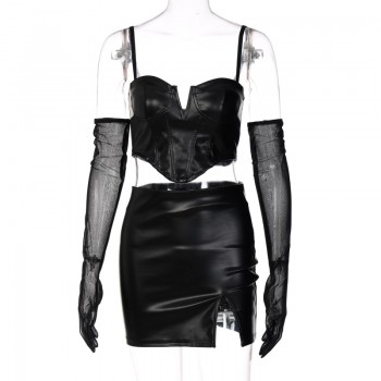  2 Two Pieces Pu Sexy V Neck Sleeveless Black Irregular Top Side Slit Mini Bodycon Fashion Skirts Sets Gloves