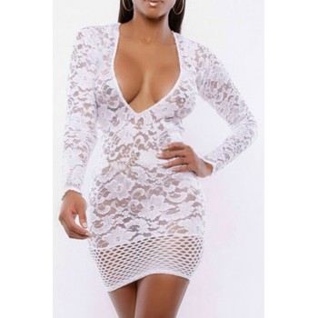Plunging Neck Long Sleeves Sexy Lace Dress For Women white black blue