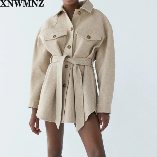 XNWMNZ Za Women 2020 Fashion With Belt Loose Woolen Jacket Coat Vintage ...