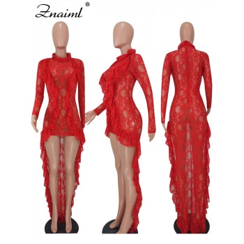  Floral Lace Sheer Cocktail Evening Dresses for Women - Ruffles Hem, Bodycon Maxi Dress