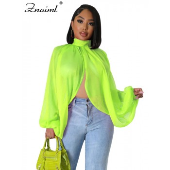 Printing Batwing Sleeve Chiffon Shirts Women's Tops Outfits with Sheer Front Split