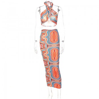 Women Summer 2021 2 Two Pieces Sets Sexy Tie Dye Print Top High Waist Bodycon Elegant Midi 