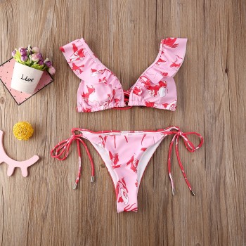 Summer Beach Women Halter Bandage Floral Print Bikini Set Push Up Padded Flower Ruffled Swimwear