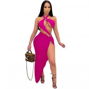 Cutubly Summer Two Piece Outfits Sets Sexy Clubwear Solid Two Piece Sets Hollow Out Sleeveless Women Skirt Set Fashion 2021