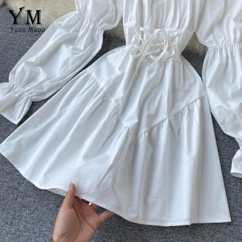 YuooMuoo Early Autumn Dress 2020 Retro Gothic Women White Black Bandage Mini Dress Sexy Off Shoulder Puff Sleeve Korean Vestidos