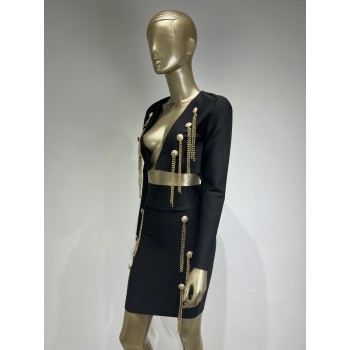  Long Sleeve Black Chain Two Piece Bodycon Women Summer Bandage Dress 2023 Designer Fashion Party Dress