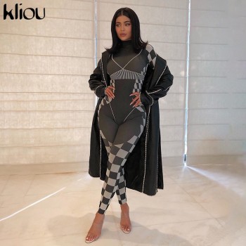 Kliou woman fashion 3D print high quality slim jumpsuit mujer 2020 elastic tracksuit fitness bodysuit casual street black outfit