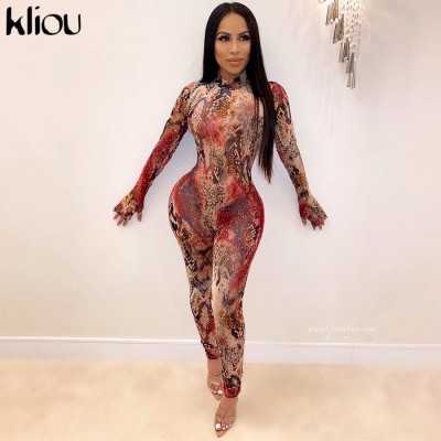 Kliou Solid Mesh Sheer Patchwork Jumpsuit Women Sexy Backless