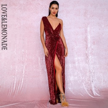 LOVE&LEMONADE Sexy Deep Red Deep V-Neck Whit Split Sequins Party Maxi Dress LM81849