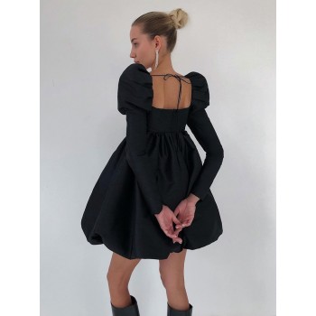 Elegant Party Dress For Women Sexy Backless Mini Dress Long Sleeve Pleated Ball Gown Puffy Dresses