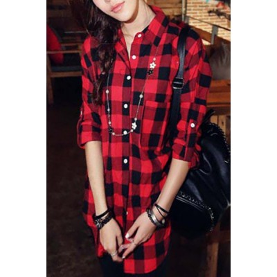 Casual Shirt Collar Long Sleeve Plaid Loose-Fitting Single-Breasted Shirt For Women red