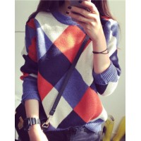 Round Neck Long Sleeves Argyle Stylish Sweater For Women