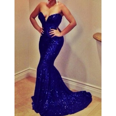 Sequins Embellished Mermaid Sexy Strapless Women's Maxi Dress blue