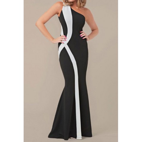 Sexy One-Shoulder Sleeveless Color Block Maxi Dress For Women black ...