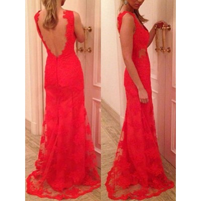 Sexy Plunging Neck Sleeveless Backless Lace Dress For Women red