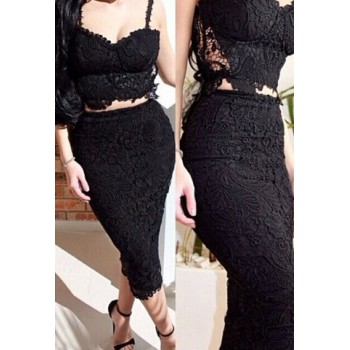 Sexy Spaghetti Strap Sleeveless Lace Tank Top + High-Waisted Skirt Twinset For Women white black