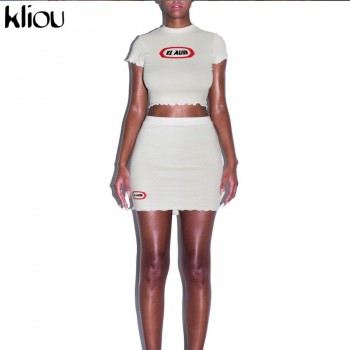 Kliou summer solid cotton lotus leaf short sleeve two-piece set 2020 slim fit crop top mini dress print casual outfit