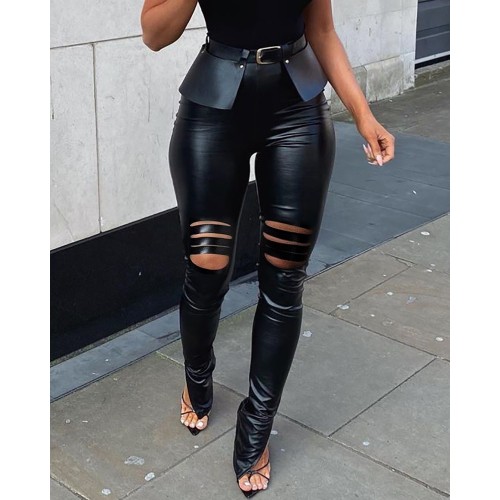 Women Cutout PU Leather Skinny Pants With Belt 2022 New Sexy Femme High ...