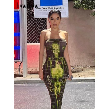 Strapless Party Club Bodycon Printed Midi Dress Streetwear 2022 Summer Clothes 