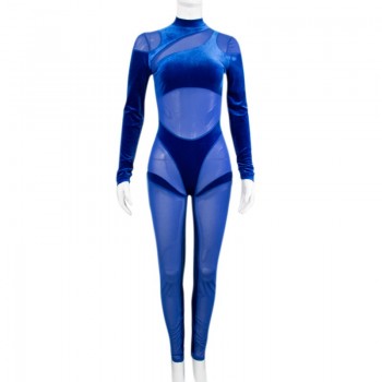 Blue Velvet Mesh Patchwork Skinny Long Pant Jumpsuit Women Sheer Rompers Clubwear Overalls 