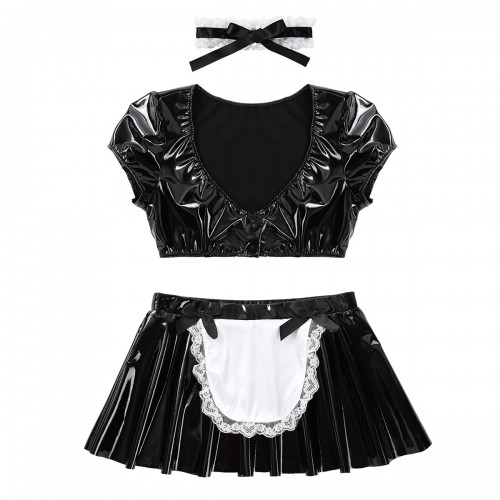 Cocktail Party Leather Latex French Maid Dress Cosplay Costumes Crop ...