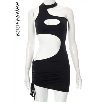 Irregular Cut Out Mini Bodycon Dress Summer Going Out Club Wear Brown White Black