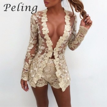 Embroidery Sexy Two Piece Sets Women Lace V Neck Hollow Out Cardigan And Shorts Romper Jumpsuit