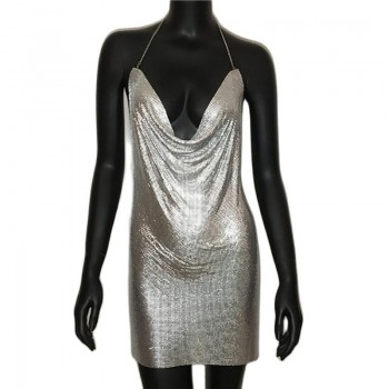 Backless Sequin Short Dress For Women Cocktail Metalic Split Mesh Harness Body Chain Club Low Cut Mini Dress