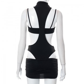 Black 3 Pieces Set Night Club Dress Women's 2022 Summer Half High Collar Hollow Out Bandage Bodycon Low Waist 