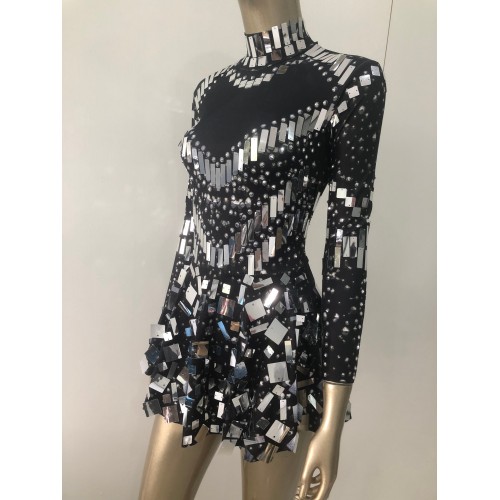 Shining Silver Mirrors Rhinestones Dress Women Singer Dancer Bright ...