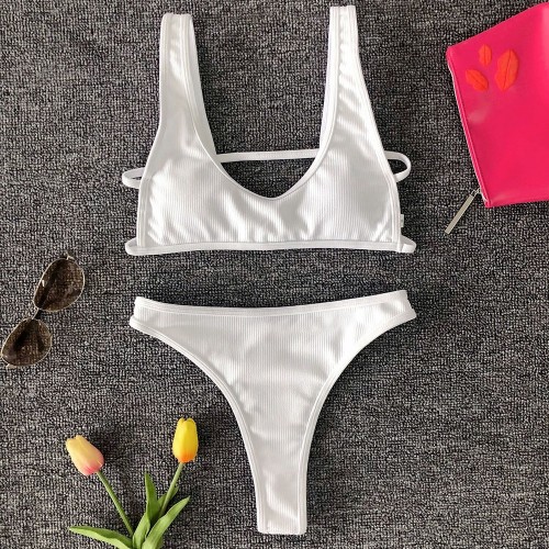 Hot Biquinis New White High Waist Swimwear Solid Bikini SetBathing Suit ...