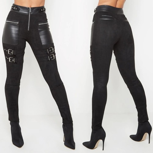 2020 Fall Winter Black Pu Leather Pants Zipper Split Bottom Mid