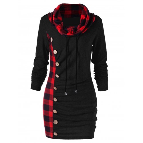 Plaid Cowl Neck Tunic Sweatshirt Dress - Red With Black (Plaid Cowl ...