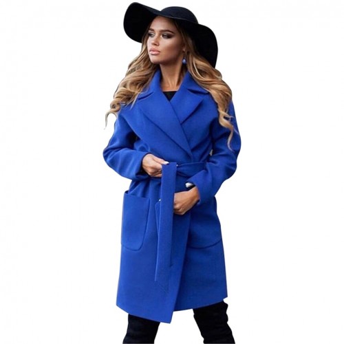 MVGIRLRU elegant Long Women s coat lapel 2 pockets belted Jackets solid ...