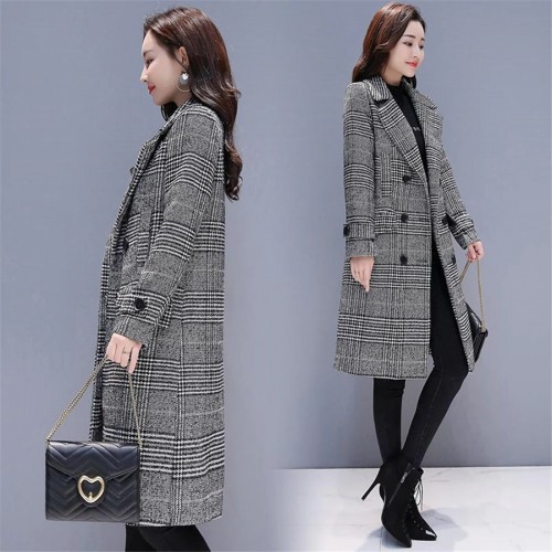 Hodisytian Winter Women Wool Blends Plaid Trench Coat Elegant Outerwear ...