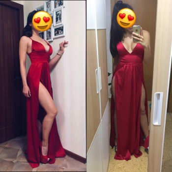 Red Satin V Neck Padded Maxi Dresses Two High Splits Backless High Rise ...