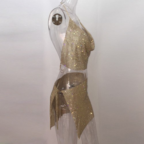 Rhinestone Metal Outfits Backless Halter Dress Gold Silver Night Club ...