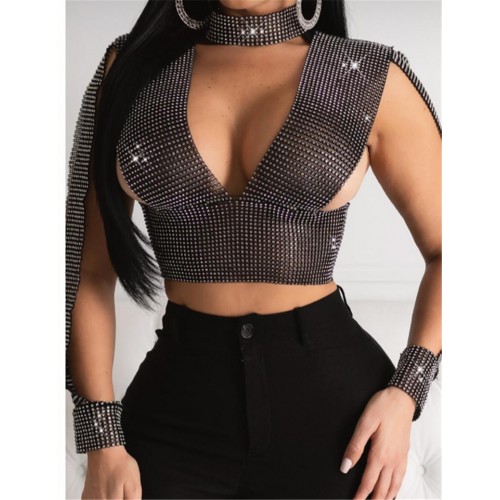 Glitter Nightclub Backless Rhinestone Tank Top Women Sexy Metal Crystal  Diamonds Sequined Crop Top 