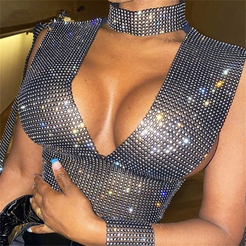 Glitter Nightclub Backless Rhinestone Tank Top Women Sexy Metal Crystal  Diamonds Sequined Crop Top 