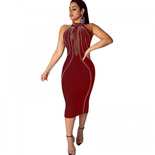 2020 Summer New Hot Women s Hot Drilling Dress Backless Perspective ...