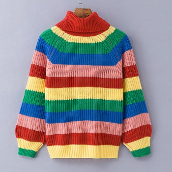 Rainbow turtleneck knitted striped oversized sweater (Rainbow ...