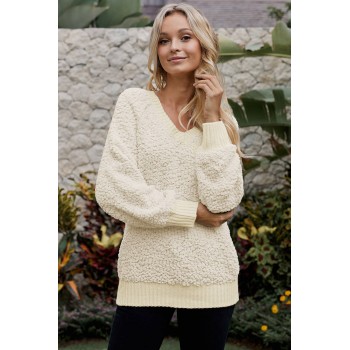 Brown Ribbed V Neckline Popcorn Knit Sweater Yellow Apricot (Brown ...