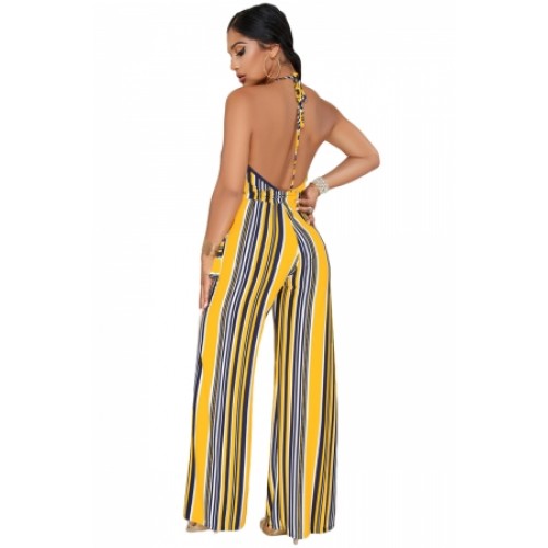 Navy Yellow Striped Deep V Neck Jumpsuit (Navy Yellow Striped Deep V ...