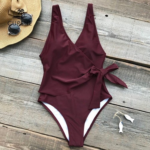 Solid Low Back One-piece Swimsuit Women Burgundy Deep V neck Monokini ...