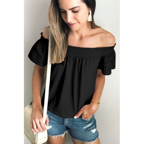 Yellow Solid Shirring Off Shoulder Hollow out Top Pink Black (Yellow ...